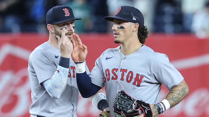 Aug 21, 2025; Bronx, New York, USA; Boston Red Sox shortstop Trevor Story (10) and left fielder Jarren Duran (16) celebrate after defeating the New York Yankees 6-3 at Yankee Stadium. Mandatory Credit: Wendell Cruz-Imagn Images Aug 21, 2025; Bronx, New York, USA; Boston Red Sox shortstop Trevor Story (10) and left fielder Jarren Duran (16) celebrate after defeating the New York Yankees 6-3 at Yankee Stadium. Mandatory Credit: Wendell Cruz-Imagn Images