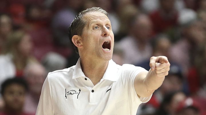 Mar 9, 2024; Tuscaloosa, Alabama, USA;  Arkansas head coach Eric Musselman gives directions to his