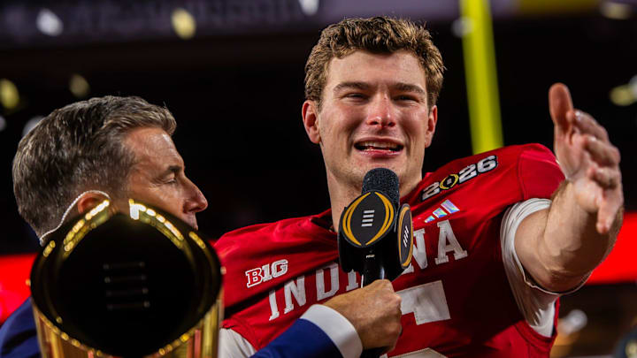 Indiana's Fernando Mendoza (15) speaks after winning the College Football Playoff National Championship at Hard Rock Stadium.