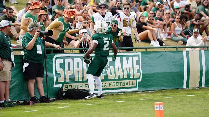 ason Collins, Jr., shown here after a long touchdown run in the South Florida spring game ason Collins, Jr., shown here after a long touchdown run in the South Florida spring game