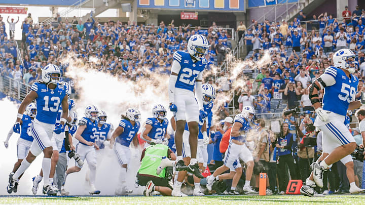 BYU safety Matthias Leach runs out for Pop-Tarts Bowl BYU safety Matthias Leach runs out for Pop-Tarts Bowl