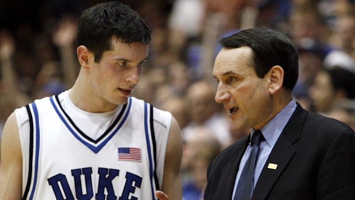 Mar 4, 2006; Durham, NC, USA; Duke Blue Devils head coach Mike Krzyzewski and (4) J.J. Redick talk