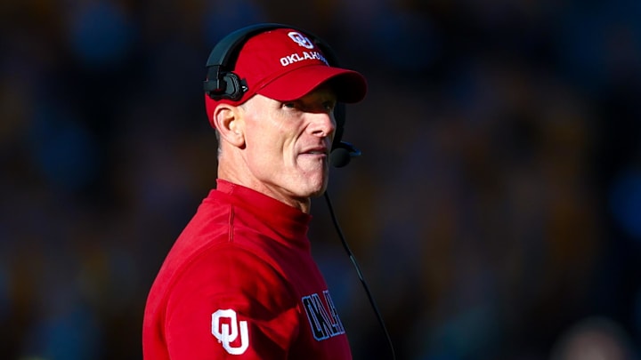 Nov 29, 2025; Norman, Oklahoma, USA;  Oklahoma Sooners head coach Brent Venables reacts during the first half against the Louisiana State Tigers at Gaylord Family-Oklahoma Memorial Stadium. Mandatory Credit: Kevin Jairaj-Imagn Images