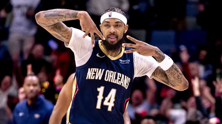 Dec 5, 2024; New Orleans, Louisiana, USA; New Orleans Pelicans forward Brandon Ingram (14) reacts to making a three point basket against the Phoenix Suns during the first half at Smoothie King Center. Mandatory Credit: Stephen Lew-Imagn Images Dec 5, 2024; New Orleans, Louisiana, USA; New Orleans Pelicans forward Brandon Ingram (14) reacts to making a three point basket against the Phoenix Suns during the first half at Smoothie King Center. Mandatory Credit: Stephen Lew-Imagn Images