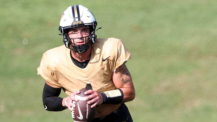 Quarterback Blaze Berlowitz (1) participates in Vanderbilt’s football practice Thursday, August 13, 2026 at McGugin Practice Field. Quarterback Blaze Berlowitz (1) participates in Vanderbilt’s football practice Thursday, August 13, 2026 at McGugin Practice Field.