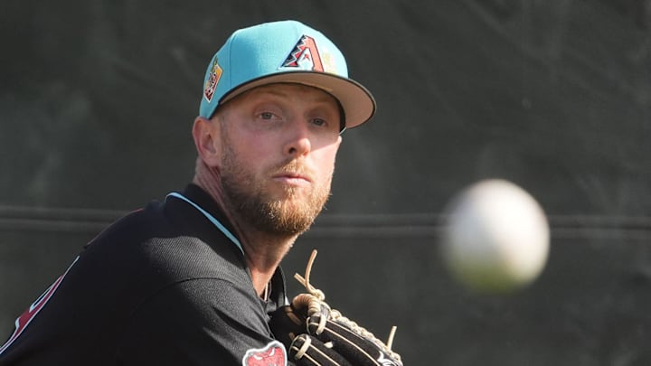 Arizona Diamondbacks pitcher Merrill Kelly (29) during spring training workouts on Feb. 10, 2026, at Salt River Fields in Scottsdale.