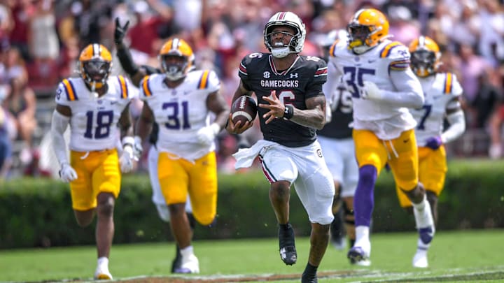 South Carolina quarterback LaNorris Sellers (16) runs for a touchdown against Louisiana State University during the second quarter at Williams-Brice Stadium in Columbia, S.C. Saturday, September 14, 2024.
