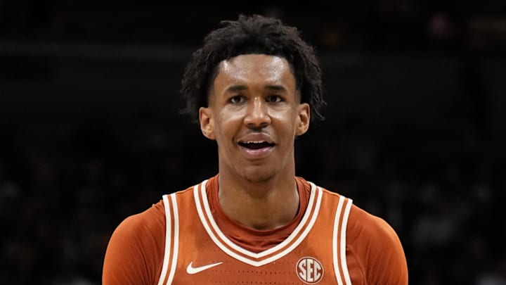 Feb 14, 2026; Columbia, Missouri, USA; Texas Longhorns forward Dailyn Swain (3) reacts to a called foul during the second half of the game against the Missouri Tigers at Mizzou Arena. Mandatory Credit: Denny Medley-Imagn Images