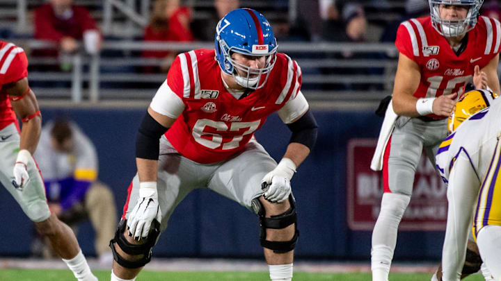 Nov 16, 2019; Oxford, MS, USA; Mississippi Rebels offensive lineman Alex Givens (67) lines up against the Louisiana State Tigers in the first half at Vaught-Hemingway Stadium. Mandatory Credit: Vasha Hunt-Imagn Images