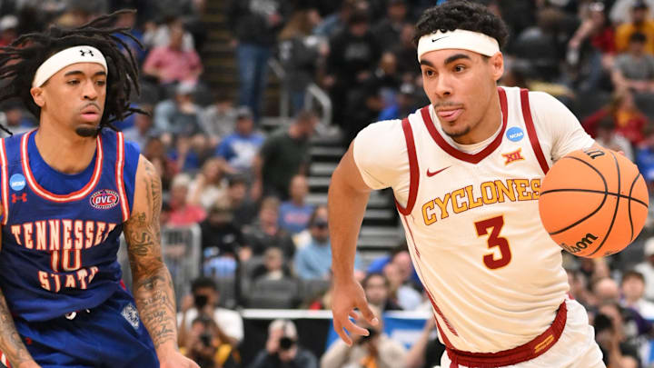 Mar 20, 2026; St. Louis, MO, USA; Iowa State Cyclones guard Tamin Lipsey (3) dribbles the ball against Tennessee State Tigers guard Dante Harris (10) during the first half of a first round game of the men's 2026 NCAA Tournament at Enterprise Center.