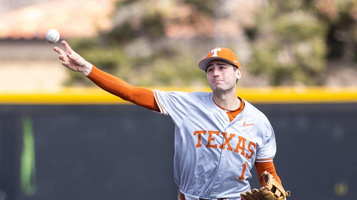 Texas infielder Jalin Flores (1) throws the ball in game two of the Big 12 baseball series, Saturday, March 9, 2024, at Rip Griffin Park.