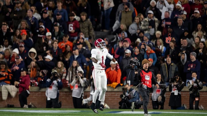 Alabama Crimson Tide wide receiver Isaiah Horton celebrates his touchdown catch as Auburn Tigers take on Alabama Crimson Tide in the Iron Bowl at Jordan-Hare Stadium in Auburn.