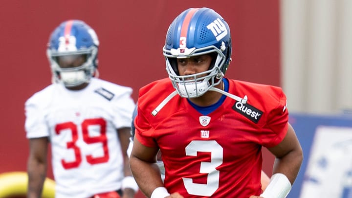 Russell Wilson, quarterback with the NY Giants, runs drills during OTA practice at Quest Diagnostics Training Center, East Rutherford, NJ, May 28, 2025. Russell Wilson, quarterback with the NY Giants, runs drills during OTA practice at Quest Diagnostics Training Center, East Rutherford, NJ, May 28, 2025.