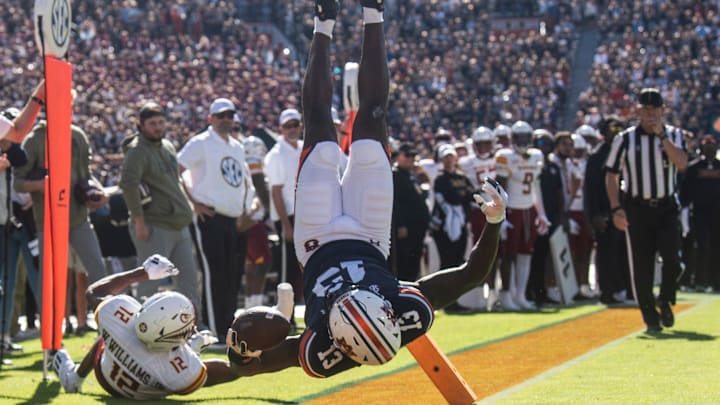Auburn Tigers tight end Rivaldo Fairweather (13) flips across the goal line but is marked short of a touchdown as Auburn Tigers take on Louisiana-Monroe Warhawks at Jordan-Hare Stadium in Auburn, Ala., on Saturday, Nov. 16, 2024. Auburn Tigers lead Louisiana-Monroe Warhawks 24-0 at halftime.