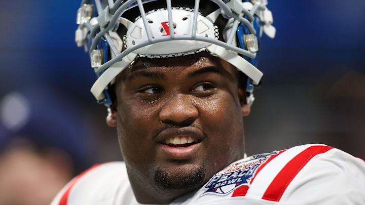 Dec 30, 2023; Atlanta, GA, USA; Mississippi Rebels defensive tackle JJ Pegues (89) prepares for a game against the Penn State Nittany Lions at Mercedes-Benz Stadium. Mandatory Credit: Brett Davis-Imagn Images