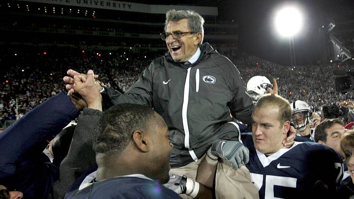 Penn State Nittany Lions head coach Joe Paterno is carried off the field after earning his 400th career victory by defeating the Northwestern Wildcats in 2010. Penn State Nittany Lions head coach Joe Paterno is carried off the field after earning his 400th career victory by defeating the Northwestern Wildcats in 2010.