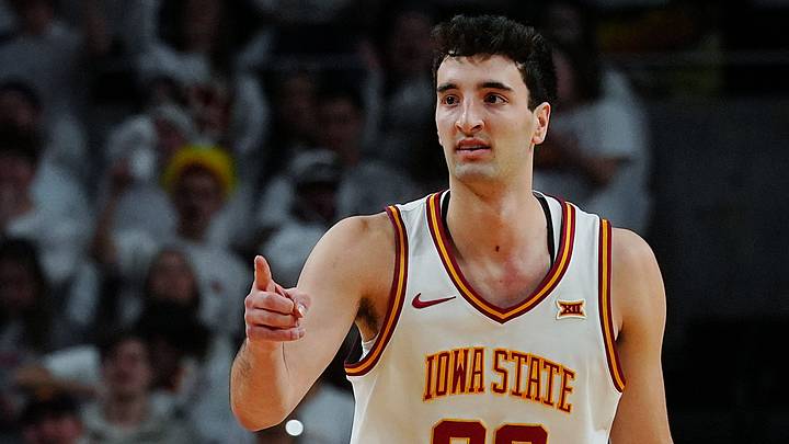 Iowa State Cyclones forward Milan Momcilovic (22) reacts after a three-point shot against Baylor during the first half in the Big-12 men’s basketball on Feb. 7, 2026, at Hilton Coliseum in Ames, Iowa Iowa State Cyclones forward Milan Momcilovic (22) reacts after a three-point shot against Baylor during the first half in the Big-12 men’s basketball on Feb. 7, 2026, at Hilton Coliseum in Ames, Iowa