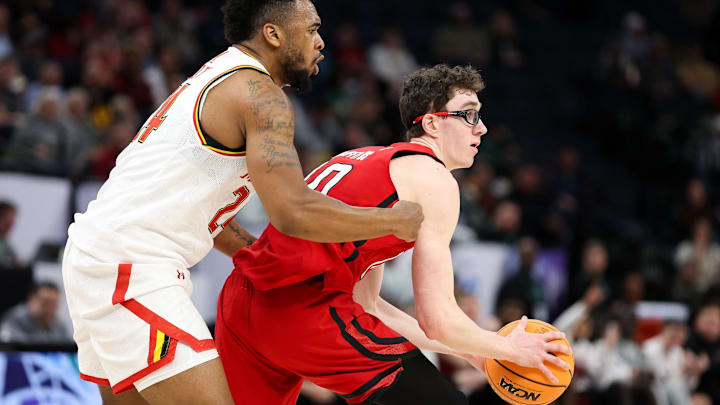 Mar 13, 2024; Minneapolis, MN, USA; Rutgers Scarlet Knights guard Gavin Griffiths (10) controls the
