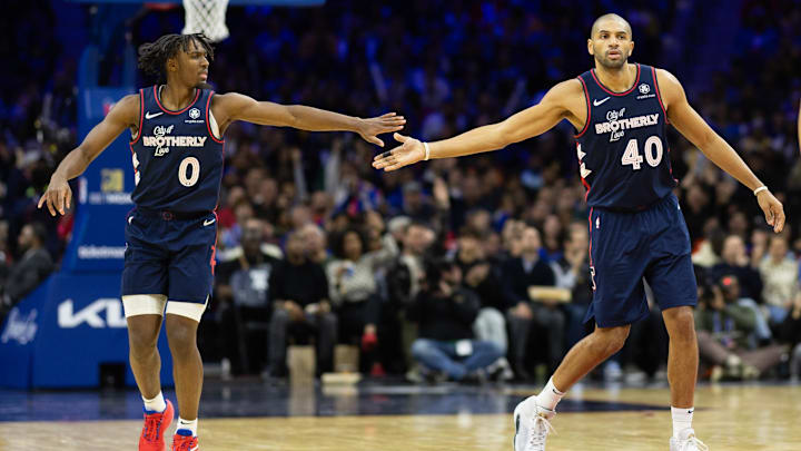 Nov 27, 2023; Philadelphia, Pennsylvania, USA; Philadelphia 76ers forward Nicolas Batum (40) and