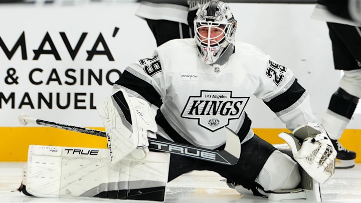Oct 22, 2024; Las Vegas, Nevada, USA; Los Angeles Kings goaltender Pheonix Copley (29) warms up before a game against the Vegas Golden Knights at T-Mobile Arena. Mandatory Credit: Stephen R. Sylvanie-Imagn Images