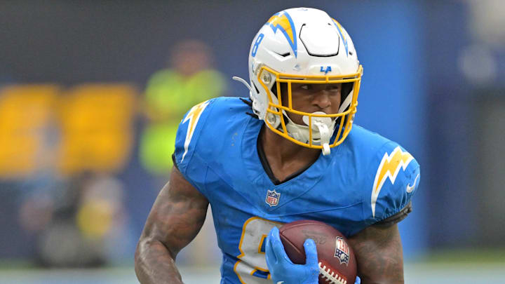 Sep 21, 2025; Inglewood, California, USA; Los Angeles Chargers running back Omarion Hampton (8) runs for a first down in the second half against the Denver Broncos at SoFi Stadium. Sep 21, 2025; Inglewood, California, USA; Los Angeles Chargers running back Omarion Hampton (8) runs for a first down in the second half against the Denver Broncos at SoFi Stadium.