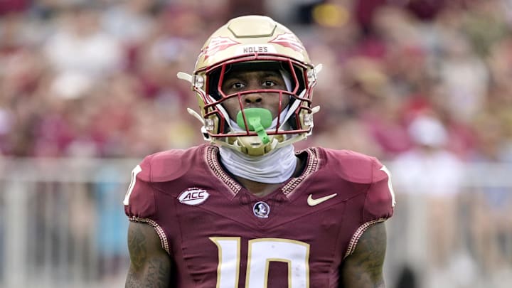 Sep 14, 2024; Tallahassee, Florida, USA; Florida State Seminoles wide receiver Malik Benson (10) looks on during a game against the Memphis Tigers at Doak S. Campbell Stadium. Mandatory Credit: Melina Myers-Imagn Images