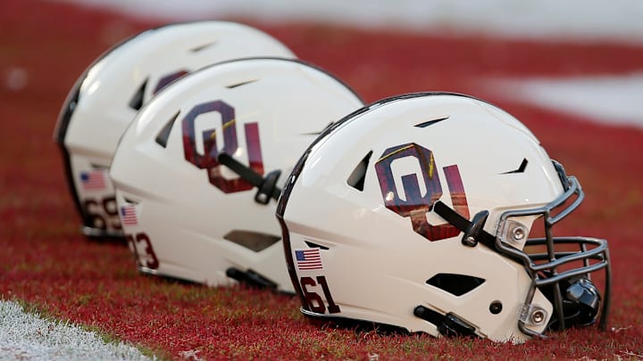 Oklahoma football helmets in the endzone
