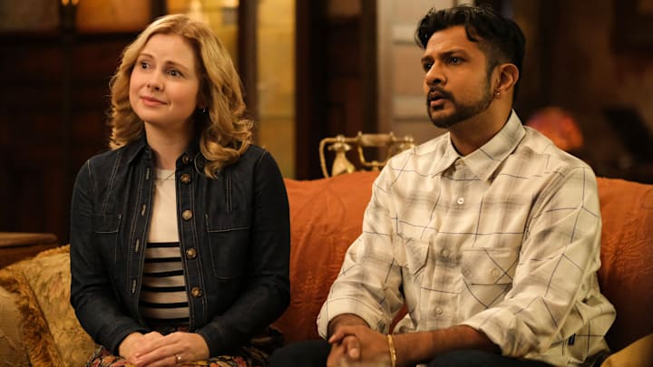Rose McIver as Samantha "Sam" Arondekar and Utkarsh Ambudkar as Jayanth "Jay" Arondekar in Ghosts season 4