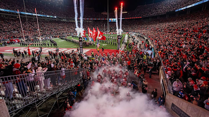 Nov 11, 2023; Columbus, Ohio, USA; Ohio State Buckeyes enter the field during the NCAA football game
