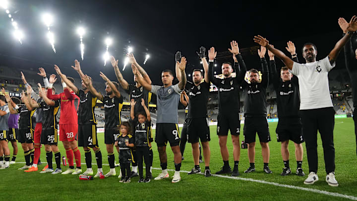 Sep 20, 2023; Columbus, Ohio, USA; The Columbus Crew salute the fans following the MLS soccer game