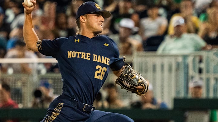 Jun 19, 2022; Omaha, NE, USA; Notre Dame Fighting Irish pitcher Roman Kimball (26) pitches against
