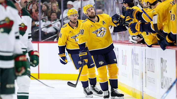 Nov 30, 2024; Saint Paul, Minnesota, USA; Nashville Predators center Ryan O'Reilly (90) celebrates his goal against the Minnesota Wild during the second period at Xcel Energy Center. Mandatory Credit: Matt Krohn-Imagn Images Nov 30, 2024; Saint Paul, Minnesota, USA; Nashville Predators center Ryan O'Reilly (90) celebrates his goal against the Minnesota Wild during the second period at Xcel Energy Center. Mandatory Credit: Matt Krohn-Imagn Images