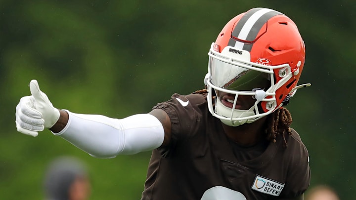 Cleveland Browns wide receiver Jerry Jeudy (3) lines up during an NFL practice at the Cleveland Browns training facility on Wednesday, May 28, 2025, in Berea, Ohio.