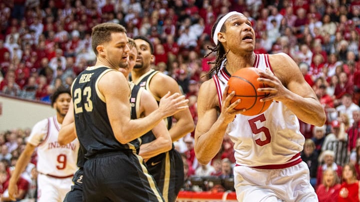 Indiana's Malik Reneau (5) scores during the Indiana versus Purdue mens basketball game at Simon Skjodt Assembly Hall on Sunday, Feb. 23, 2025. Indiana's Malik Reneau (5) scores during the Indiana versus Purdue mens basketball game at Simon Skjodt Assembly Hall on Sunday, Feb. 23, 2025.