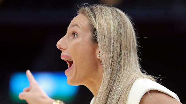 Buffalo Bulls head coach Becky Burke works the sideline during the first half of the Mid-American Conference Tournament women's championship game at Rocket Mortgage FieldHouse, Saturday, March 16, 2024, in Cleveland, Ohio.