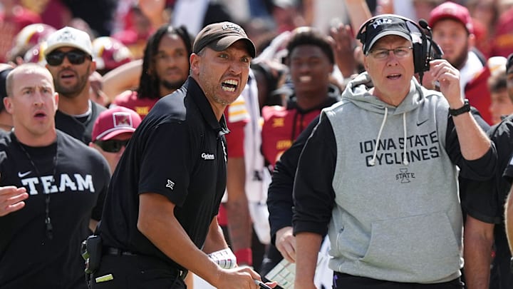 Iowa State Cyclones head coach Matt Campbell and defensive coordinator Jon Heacock reacts during the fourth quarter against Iowa in the Cy-Hawk football at Jack Trice Stadium on Sept. 6, 2025, in Ames, Iowa Iowa State Cyclones head coach Matt Campbell and defensive coordinator Jon Heacock reacts during the fourth quarter against Iowa in the Cy-Hawk football at Jack Trice Stadium on Sept. 6, 2025, in Ames, Iowa