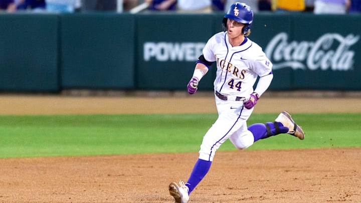 Ashton Larson 44 hits a home run as the LSU Tigers take on the Vanderbilt Commodores at Alex Box Stadium in Baton Rouge LA. Friday, April 5, 2024.