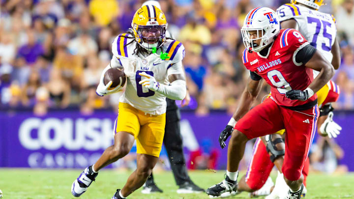 Reciever Zavion Thomas 0, LSU Tigers take on the Louisiana Tech. Sept 6, 2025; Baton Rouge, Louisiana, USA; at Tiger Stadium.