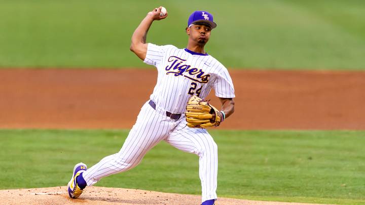 Tigers starting pitcher Anthony Eyanson (24). The LSU Tigers take on the Little Rock Trojans in game 1 of the 2025 NCAA Div 1 Regional Baseball Championship at Alex Box Stadium in Baton Rouge, LA. Friday, May 30, 2025. Tigers starting pitcher Anthony Eyanson (24). The LSU Tigers take on the Little Rock Trojans in game 1 of the 2025 NCAA Div 1 Regional Baseball Championship at Alex Box Stadium in Baton Rouge, LA. Friday, May 30, 2025.