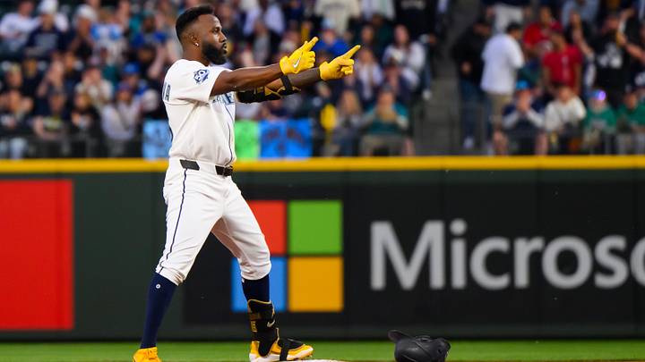 May 18, 2026; Seattle, Washington, USA; Seattle Mariners left fielder Randy Arozarena (56) celebrates after hitting a double against the Chicago White Sox during the sixth inning at T-Mobile Park. Mandatory Credit: Steven Bisig-Imagn Images May 18, 2026; Seattle, Washington, USA; Seattle Mariners left fielder Randy Arozarena (56) celebrates after hitting a double against the Chicago White Sox during the sixth inning at T-Mobile Park. Mandatory Credit: Steven Bisig-Imagn Images