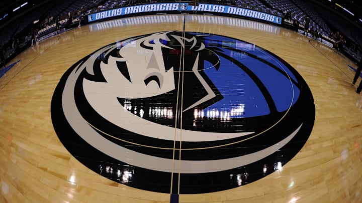 Feb 13, 2013; Dallas, TX, USA; A general view of the Dallas Mavericks logo at center court before the game between the Mavericks and the Sacramento Kings at the American Airlines Center. Mandatory Credit: Jerome Miron-Imagn Images