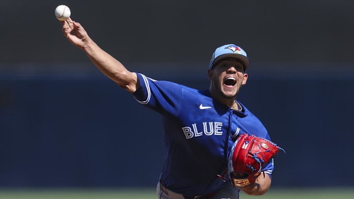 Feb 28, 2026; Tampa, Florida, USA; Toronto Blue Jays starting pitcher Jose Berrios (17) throws a pitch against the New York Yankees in the second inning during spring training at George M. Steinbrenner Field. Mandatory Credit: Nathan Ray Seebeck-Imagn Images Feb 28, 2026; Tampa, Florida, USA; Toronto Blue Jays starting pitcher Jose Berrios (17) throws a pitch against the New York Yankees in the second inning during spring training at George M. Steinbrenner Field. Mandatory Credit: Nathan Ray Seebeck-Imagn Images