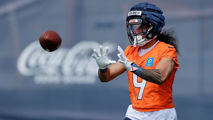 Jul 24, 2025; Englewood, CO, USA; Denver Broncos safety Talanoa Hufanga (9) during Denver Broncos Training Camp. 