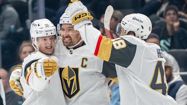 Oct 11, 2025; Seattle, Washington, USA; Vegas Golden Knights, from left, forward Pavel Dorofeyev (16), forward Mark Stone (61) and forward Tomas Hertl (48) celebrate a goal during the third period against the Seattle Kraken Eat Climate Pledge Arena. Mandatory Credit: Stephen Brashear-Imagn Images Oct 11, 2025; Seattle, Washington, USA; Vegas Golden Knights, from left, forward Pavel Dorofeyev (16), forward Mark Stone (61) and forward Tomas Hertl (48) celebrate a goal during the third period against the Seattle Kraken Eat Climate Pledge Arena. Mandatory Credit: Stephen Brashear-Imagn Images