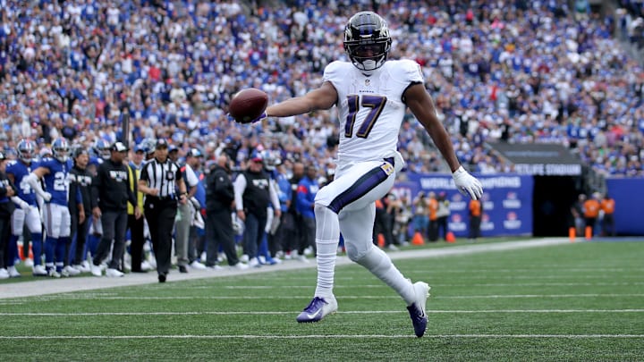 Baltimore Ravens running back Kenyan Drake dances into the end zone in their matchup vs. the New York Giants.