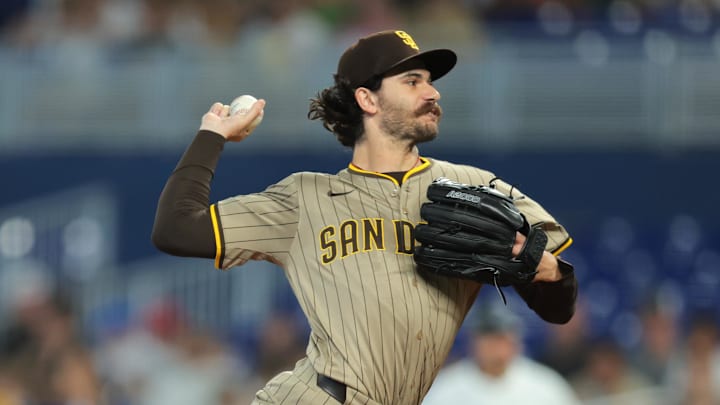 Jul 23, 2025; Miami, Florida, USA; San Diego Padres starting pitcher Dylan Cease (84) delivers a pitch against the Miami Marlins during the first inning at loanDepot Park. Mandatory Credit: Sam Navarro-Imagn Images Jul 23, 2025; Miami, Florida, USA; San Diego Padres starting pitcher Dylan Cease (84) delivers a pitch against the Miami Marlins during the first inning at loanDepot Park. Mandatory Credit: Sam Navarro-Imagn Images