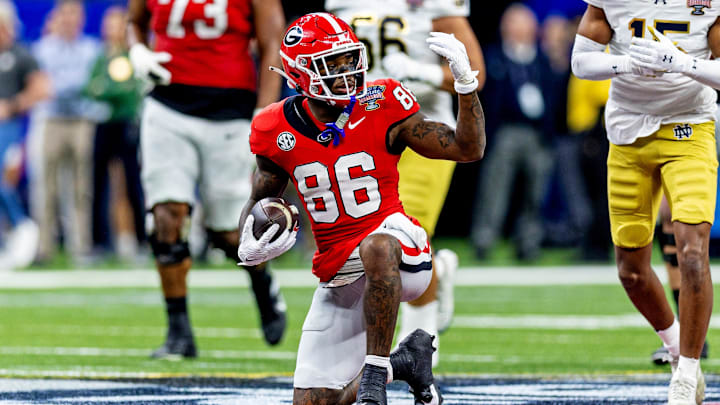 Jan 2, 2025; New Orleans, LA, USA; Georgia Bulldogs wide receiver Dillon Bell (86) reacts after a play against the Notre Dame Fighting Irish during the second quarter at Caesars Superdome. Mandatory Credit: Stephen Lew-Imagn Images Jan 2, 2025; New Orleans, LA, USA; Georgia Bulldogs wide receiver Dillon Bell (86) reacts after a play against the Notre Dame Fighting Irish during the second quarter at Caesars Superdome. Mandatory Credit: Stephen Lew-Imagn Images