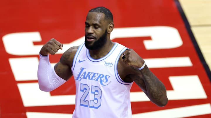 Jan 10, 2021; Houston, Texas, USA;    LeBron James #23 of the Los Angeles Lakers reacts during the first quarter of a game against the Houston Rockets at Toyota Center on January 10, 2021 in Houston, Texas.  Mandatory Credit: Carmen Mandato/Pool Photo-Imagn Images