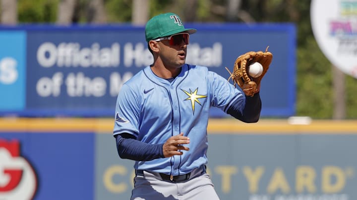 Mar 17, 2025; Port St. Lucie, Florida, USA;  Tampa Bay Rays short stop Coco Montes fields a hopping grounder during the seventh inning against the New York Mets at Clover Park. Mandatory Credit: Reinhold Matay-Imagn Images 