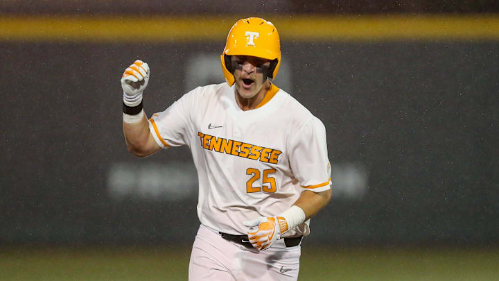 Tennessee Volunteers first baseman Blake Burke (25) runs after hitting a grand slam against the South Carolina Gamecocks at Lindsey Nelson Stadium in Knoxville, Tenn., Friday, May 17, 2024.